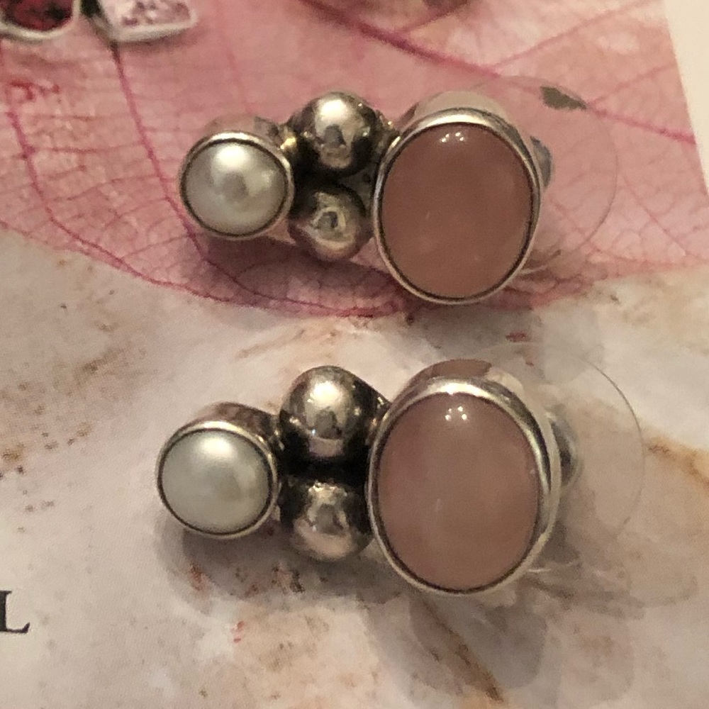 Vintage Silpada Sterling Silver Pink Rose Quartz Pearl Earrings P0551